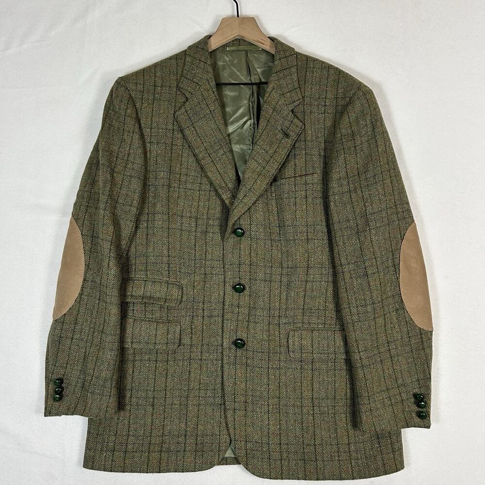 Blarney Woolen Mills Men’s 44 Donegal Tweed Wool Blazer Green Elbow Patch Vtg